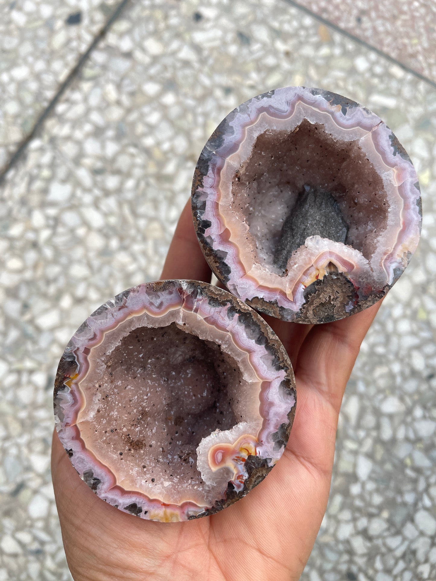 Pink zhanguo agate pairs with amazing geode inclusion