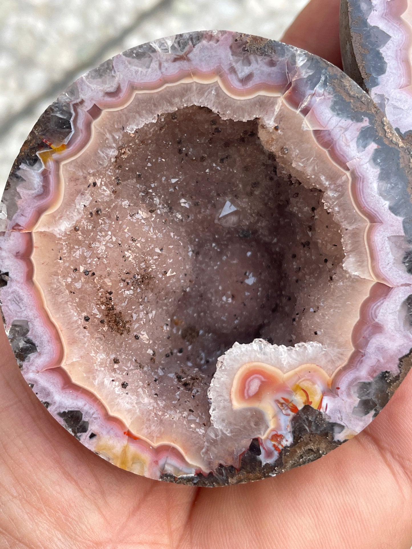 Pink zhanguo agate pairs with amazing geode inclusion