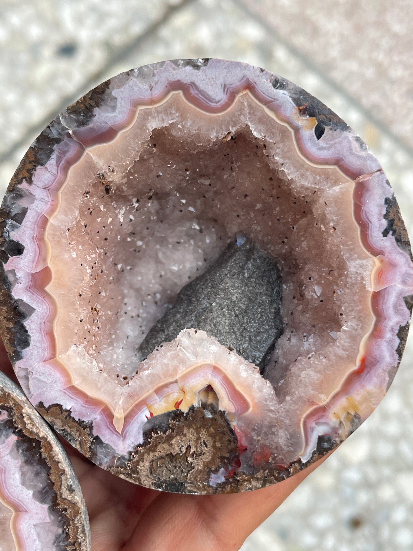 Pink zhanguo agate pairs with amazing geode inclusion